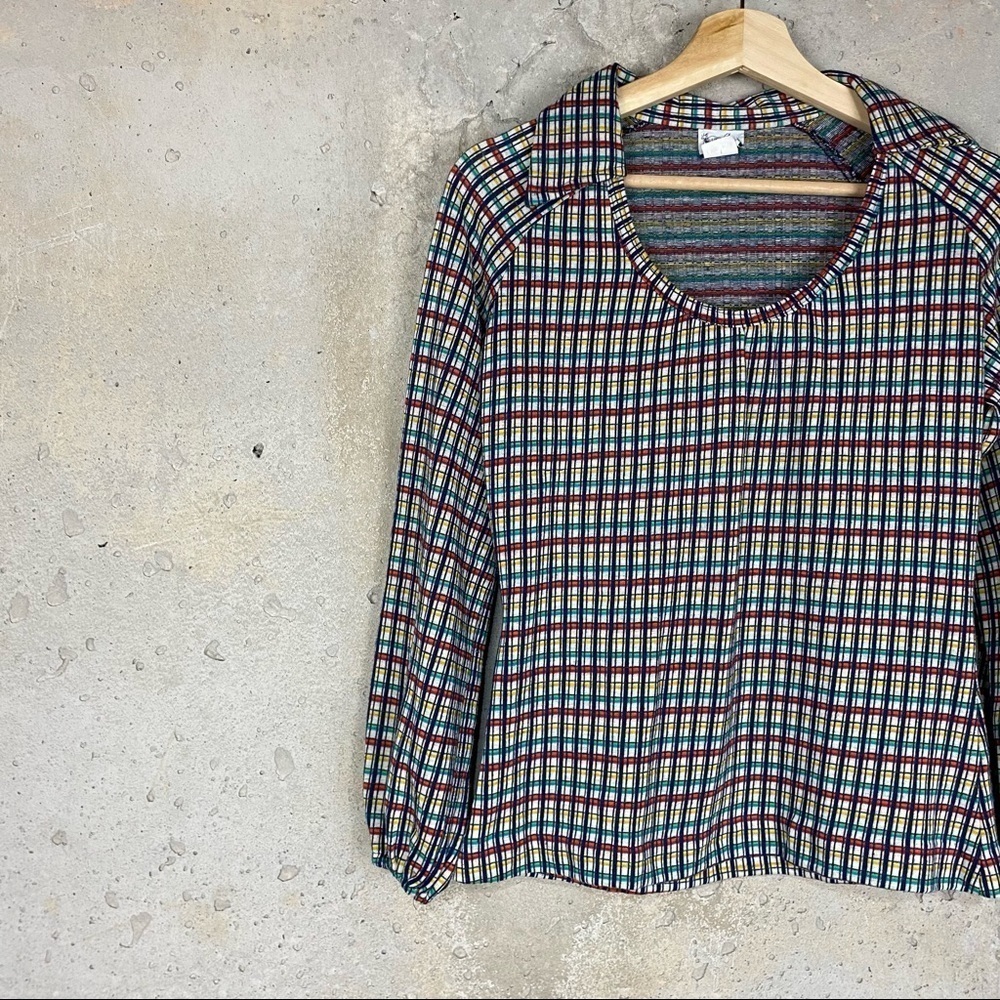 Vintage 70s navy yellow red plaid pointed collar scoop neck polyester blouse